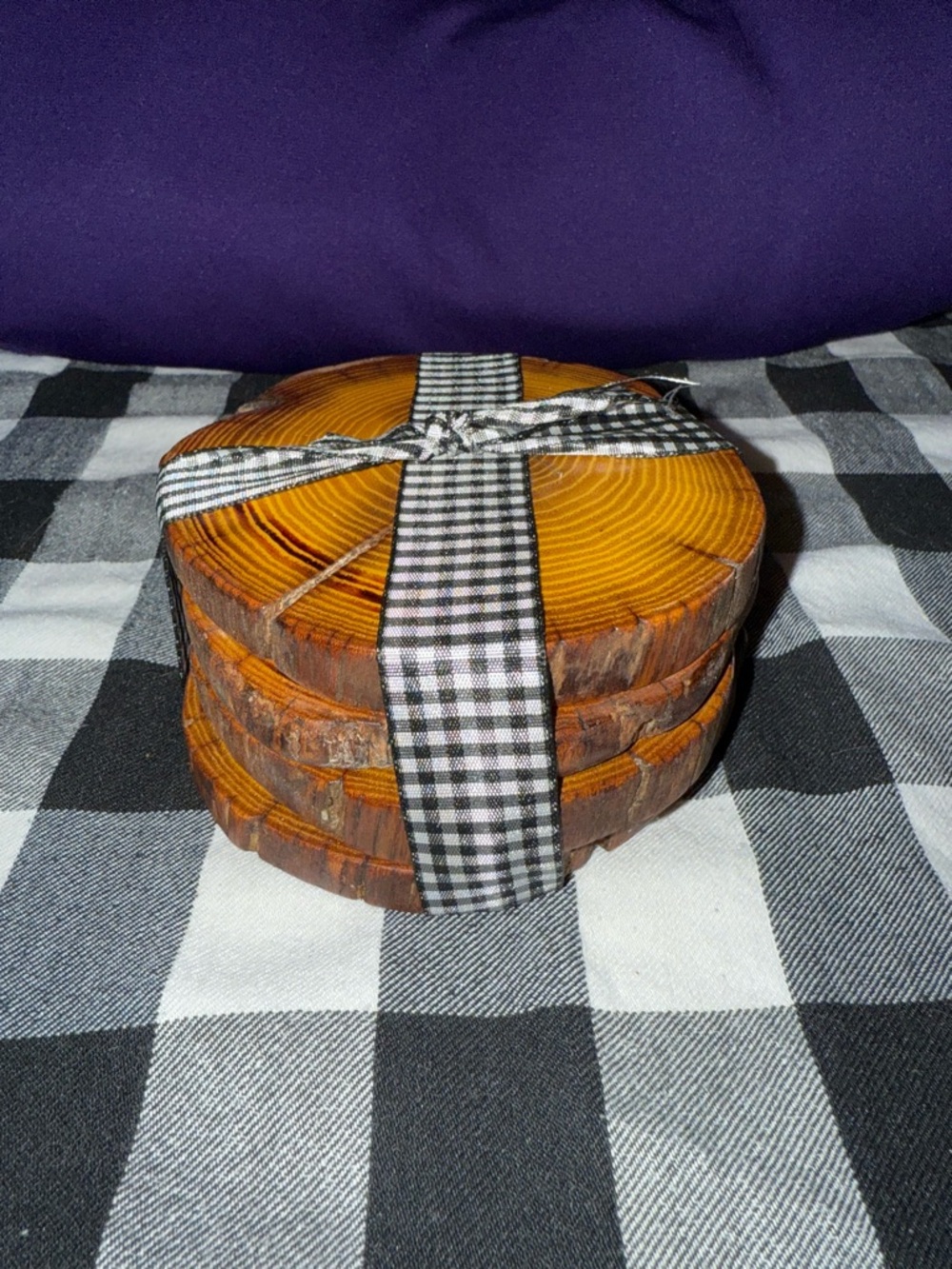 Handcrafted Rustic Wooden Coasters with Black Gingham Tie. Four for 20. Hedge